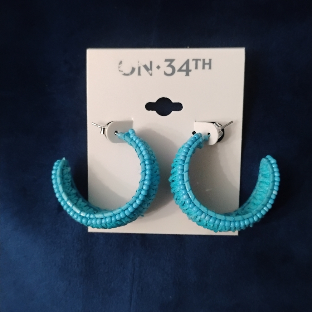 ON 34th Silver-Tone Medium Turquoise Color Seed Bead & Raffia C-Hoop Earring NWT